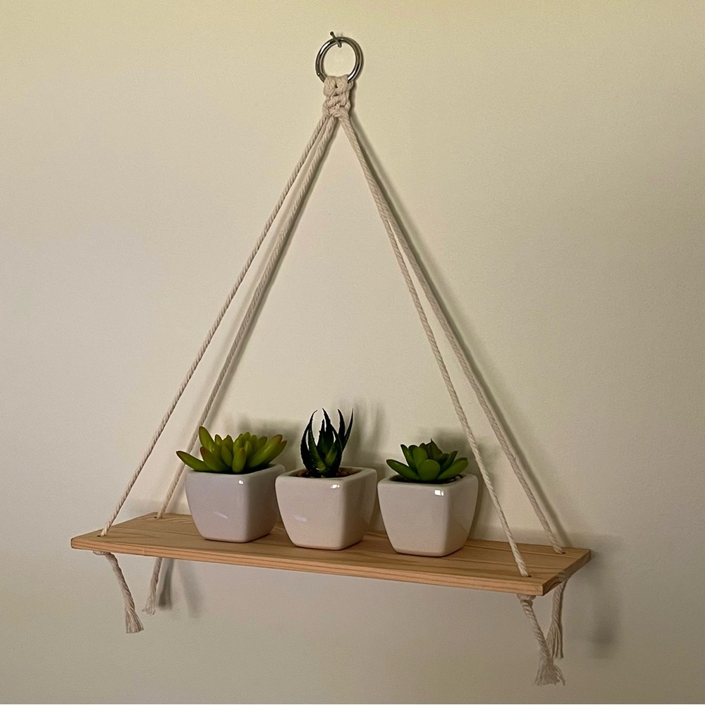 Natural Wooden Hanging Shelf with Cream Rope